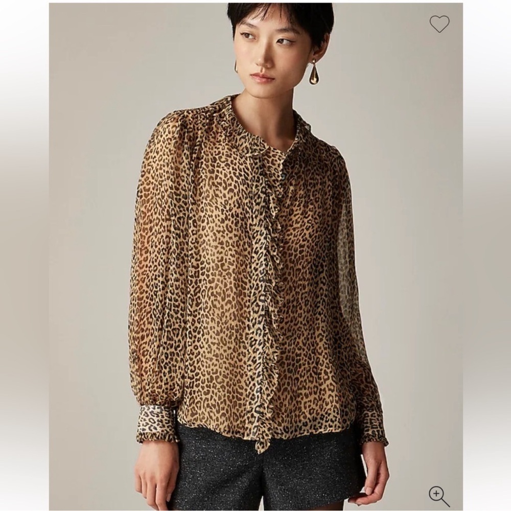 J Crew Ruffle Button Up Sheer Cheetah Blouse Cami 2 P Set Size 8 $148 EUC KL